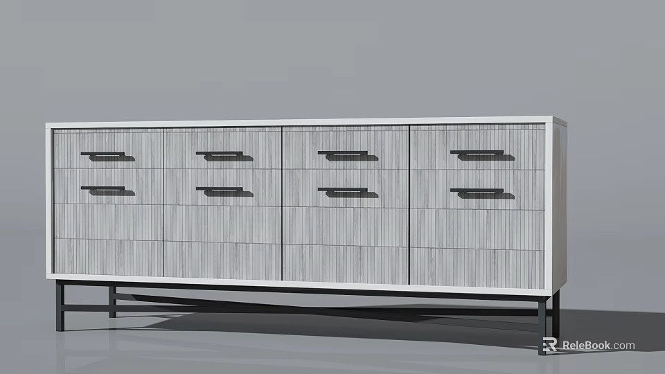 Modern Entryway Sideboard Cabinet with Striped Doors Drawers and Black Metal Legs 3d model 