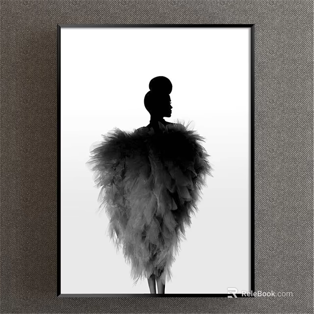 Silhouette Portrait of Woman with Feather Cape Back View on White Background in Gray Frame 3d model 