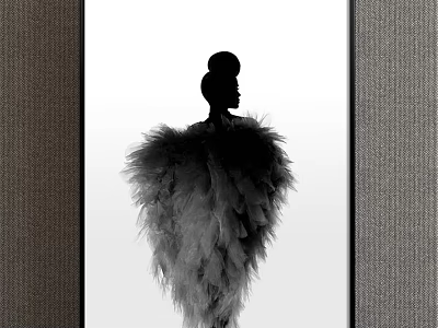 Silhouette Portrait of Woman with Feather Cape Back View on White Background in Gray Frame 3d model