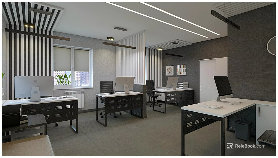 Modern Public Office Space With Open Layout Multiple Desks Computers Office Chairs And Plants 3d model 