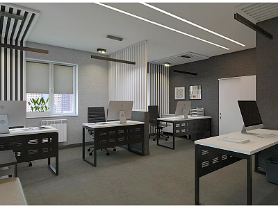 Modern Public Office Space With Open Layout Multiple Desks Computers Office Chairs And Plants 3d model