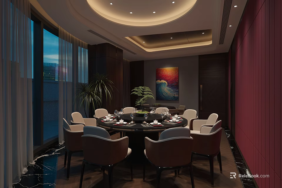 Elegant Modern Private Dining Room Interior With Round Table Comfortable Chairs And Decorative Art 3d model 