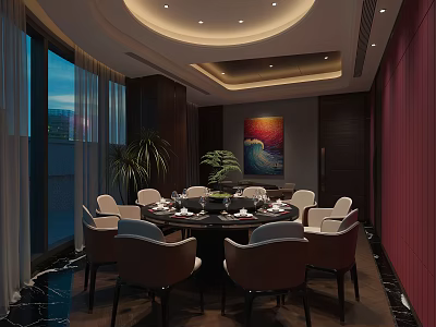 Elegant Modern Private Dining Room Interior With Round Table Comfortable Chairs And Decorative Art 3d model