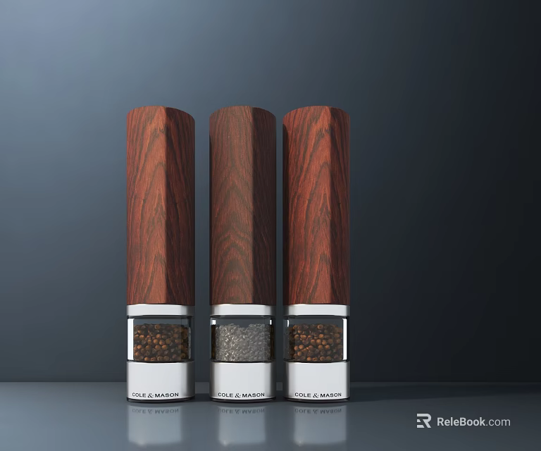 Wooden Lid Spice Grinders With Silver Bases And Spice Granules On Dark Background And Gray Tabletop 3d model 