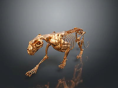 Detailed Golden Feline Skeleton Artwork Displayed on Dark Background With Reflection 3d model