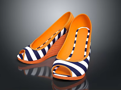 Women's Stylish Striped Peep Toe Wedge Sandals With Blue White Orange Design 3d model
