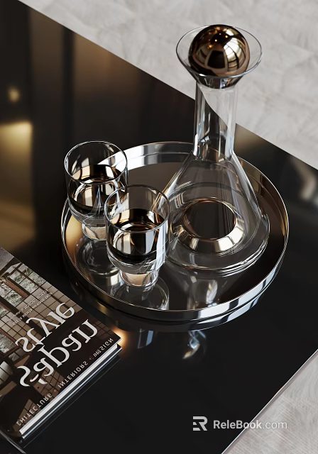 Clear Glass Wine Decanter And Glasses On Silver Tray Over Black Tabletop 3d model 
