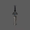 Ornate Mythical Sword With Black Hilt Silver Blade Decorative Guard And Gemstone Accent
