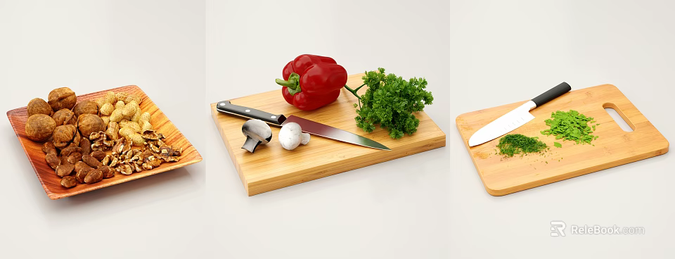 Wooden Cutting Board And Kitchen Knife With Red Bell Pepper Fresh Parsley And Mushrooms 3d model 