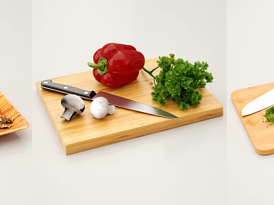 Wooden Cutting Board And Kitchen Knife With Red Bell Pepper Fresh Parsley And Mushrooms 3d model