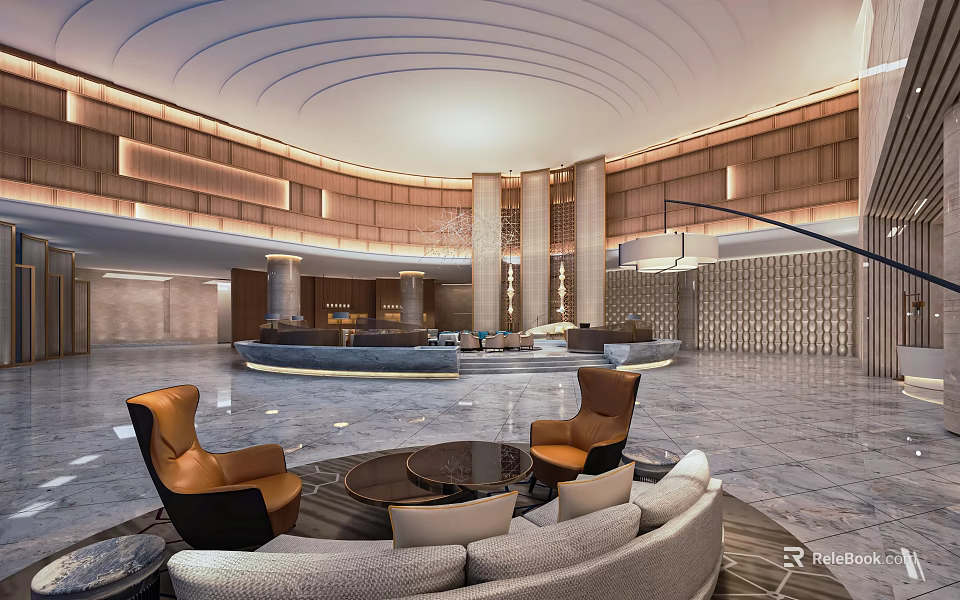 Modern Hotel Lobby Interior With Round Reception Desk Luxury Sofas And Elegant Chairs 3d model 