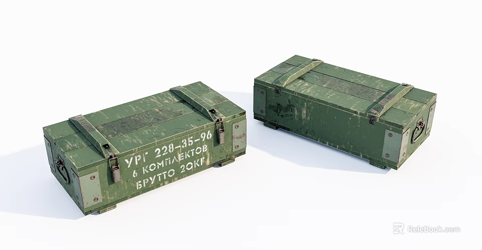 Green Military Crates With Metal Straps And Worn Serial Numbers 3d model 