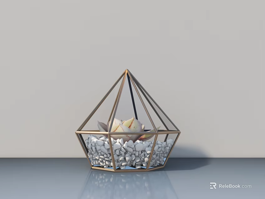Stylish Bonsai Potted Plant In Geometric Metal Frame Transparent Container With White Pebbles 3d model 