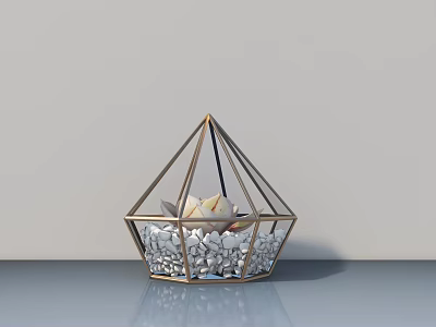 Stylish Bonsai Potted Plant In Geometric Metal Frame Transparent Container With White Pebbles 3d model