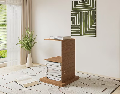 Modern Wooden Bookcase Design With Shelves Potted Plant Geometric Wall Art And Open Book 3d model