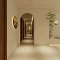Modern Lounge Interior with Reception Desk Circular Chandelier Wooden Door Terrazzo Floor and Potted Plants
