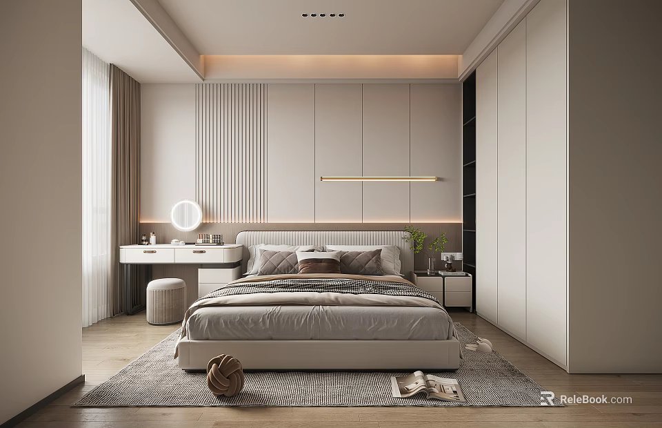 Modern Bedroom Interior With Upholstered Bed Built In Wardrobes And Strip Lights 3d model 