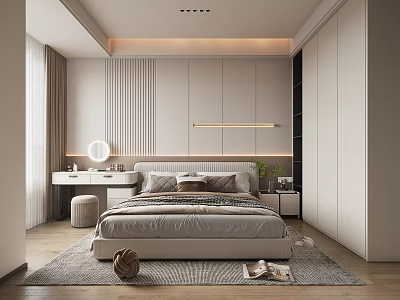 Modern Bedroom Interior With Upholstered Bed Built In Wardrobes And Strip Lights 3d model