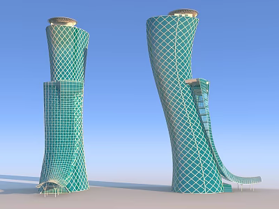 Two Green Modern Architecture Towers With Diamond Pattern Against Blue Sky 3d model