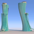 Two Green Modern Architecture Towers With Diamond Pattern Against Blue Sky