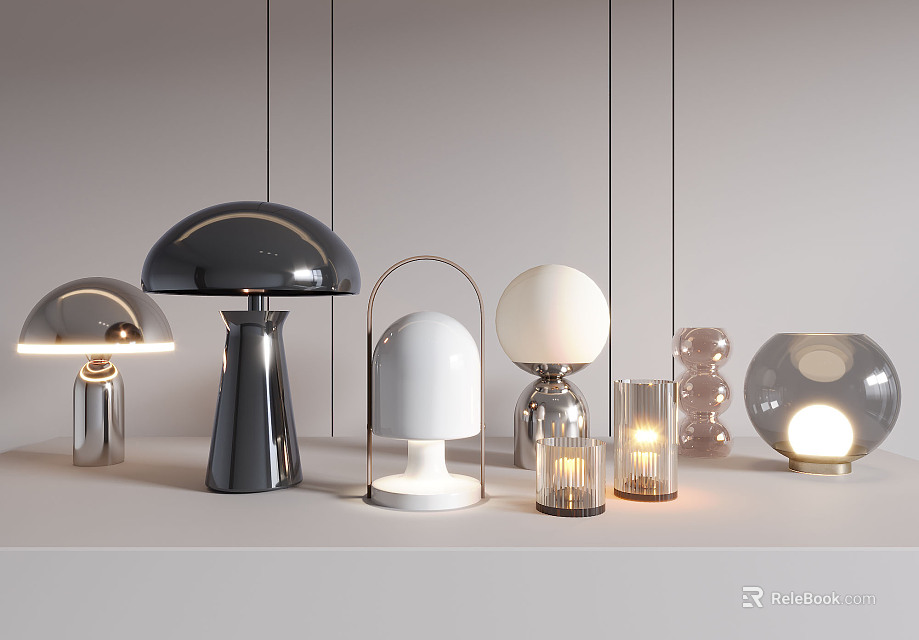 Modern Stylish Table Lamps With Domed Shades Curved Frames And Glass Elements 3d model 