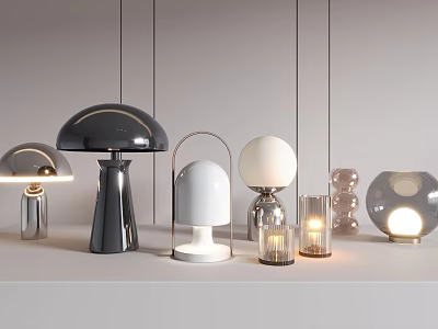 Modern Stylish Table Lamps With Domed Shades Curved Frames And Glass Elements 3d model