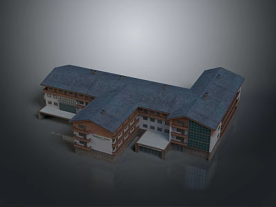 Aerial View Planning Of Multi Story Multi Wing Building With Dark Roof And Modern Exterior 3d model