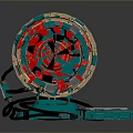 Teal Mechanical Device With Red Sections And Metal Mesh Industrial Structure