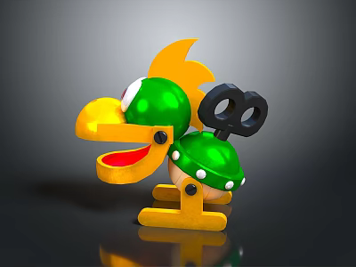 Cartoon Toy With Green Body Yellow Mouth Feet Black Key And Green Mushroom Decorations 3d model