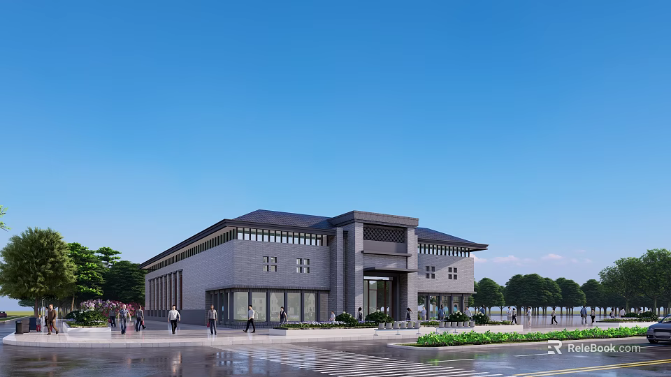 Modern School Building With Gray Brick Exterior Large Glass Windows And Surrounding Trees Pedestrians 3d model 