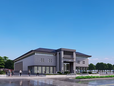 Modern School Building With Gray Brick Exterior Large Glass Windows And Surrounding Trees Pedestrians 3d model