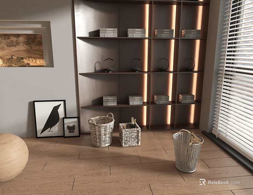 Modern Wall Mounted Shelving Unit With LED Strip Lights And Storage Baskets 3d model 