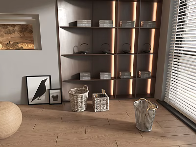 Modern Wall Mounted Shelving Unit With LED Strip Lights And Storage Baskets 3d model
