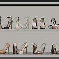 Stylish Women's High Heel Shoes in Black Beige and Leopard Print on Display Shelves