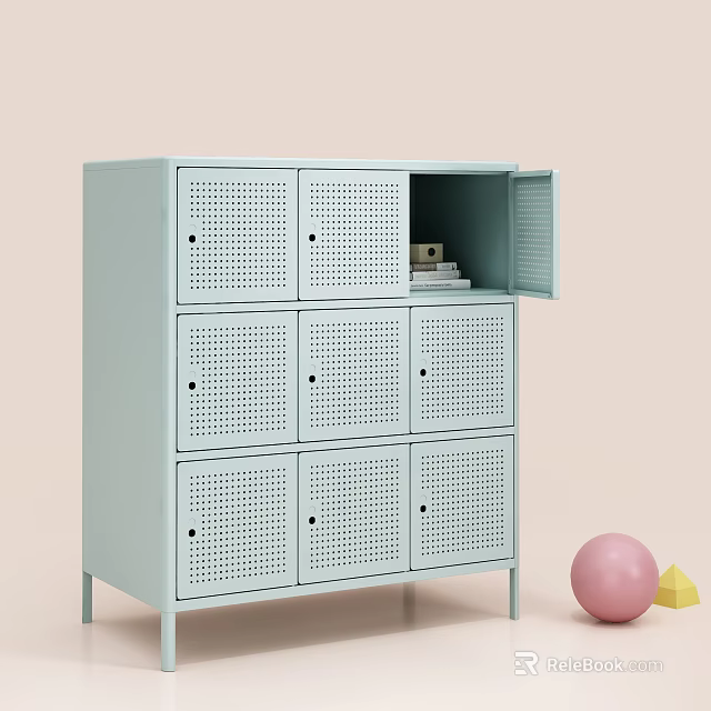 Light Blue Perforated Locker Cabinet With Open Compartment Books And Boxes Pink Ball Yellow Triangle 3d model 