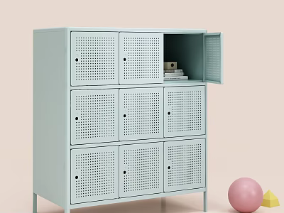 Light Blue Perforated Locker Cabinet With Open Compartment Books And Boxes Pink Ball Yellow Triangle 3d model
