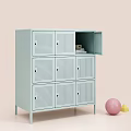 Light Blue Perforated Locker Cabinet With Open Compartment Books And Boxes Pink Ball Yellow Triangle