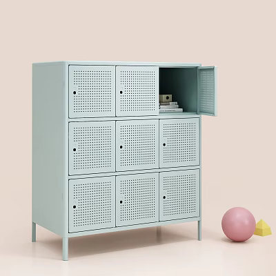 Light Blue Perforated Locker Cabinet With Open Compartment Books And Boxes Pink Ball Yellow Triangle 3d model
