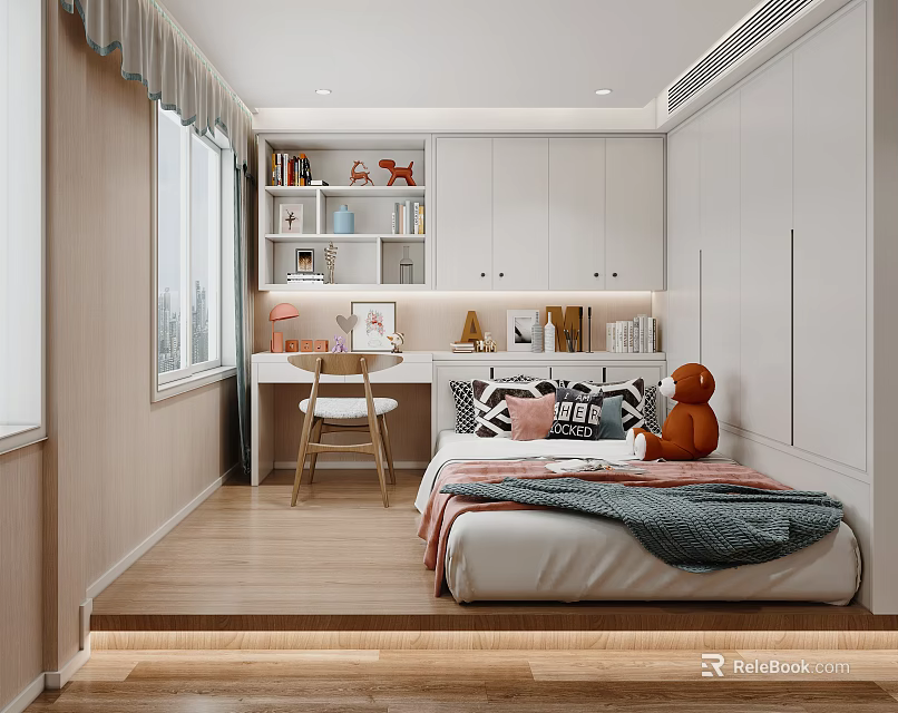 Tatami Bedroom With Modern Minimalist Design Wooden Flooring Desk Bookshelf And Storage Cabinets 3d model 