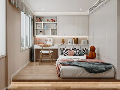 Tatami Bedroom With Modern Minimalist Design Wooden Flooring Desk Bookshelf And Storage Cabinets 3d model