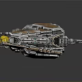 Sci-Fi Spaceship Model With Multiple Wings Brown Blue Metallic Colors Yellow Lights And Weapon Components