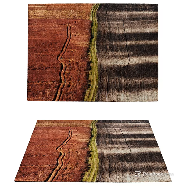 Square Rug Featuring Red And Dark Brown Areas Green Stripe And Texture Lines Pattern Design 3d model