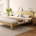 Wooden Double Bed With Headboard Pillows Blanket And Nightstand Table Lamp In Cozy Bedroom Interior