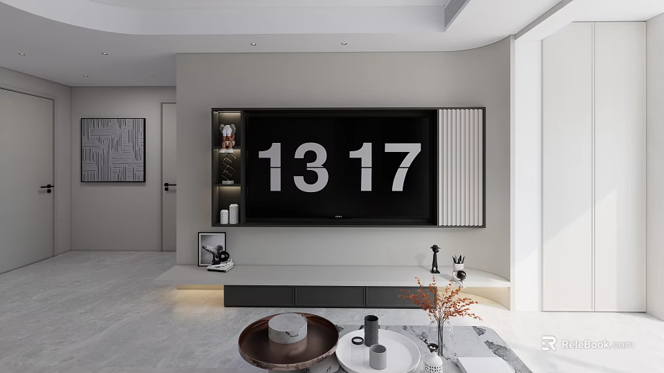 Modern Living Dining Area With TV Wall Shelves Marble Floor And Coffee Table Decorations 3d model 