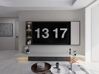 Modern Living Dining Area With TV Wall Shelves Marble Floor And Coffee Table Decorations 3d model
