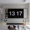 Modern Living Dining Area With TV Wall Shelves Marble Floor And Coffee Table Decorations