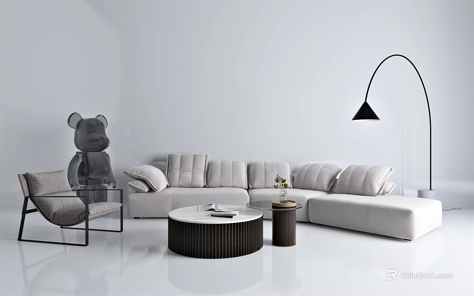 Modern Light Gray L Shaped Sofa and Coffee Table Set With Cushions and Floor Lamp 3d model 