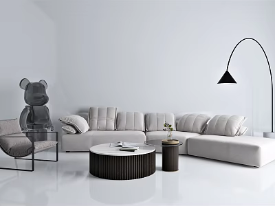 Modern Light Gray L Shaped Sofa and Coffee Table Set With Cushions and Floor Lamp 3d model