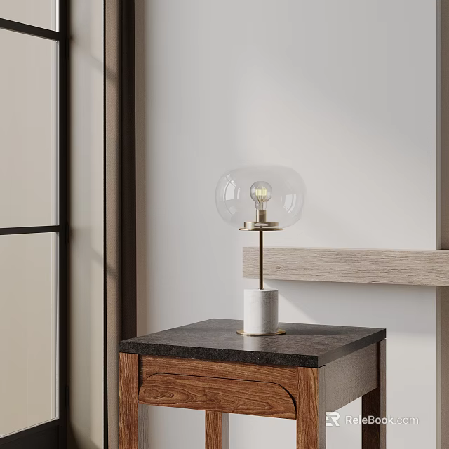 Contemporary Table Lamp with Transparent Glass Globe Shade and White Base on Dark Countertop Wooden Cabinet 3d model 