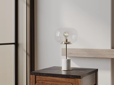 Contemporary Table Lamp with Transparent Glass Globe Shade and White Base on Dark Countertop Wooden Cabinet 3d model